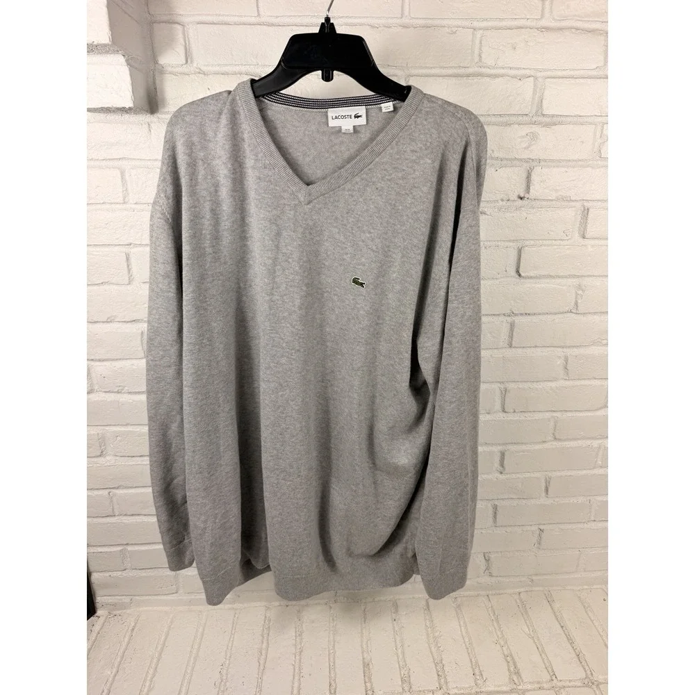 Lacoste Mens 4XL Gray V Neck Sweater 100% Cotton Crocodile Logo Big Tall